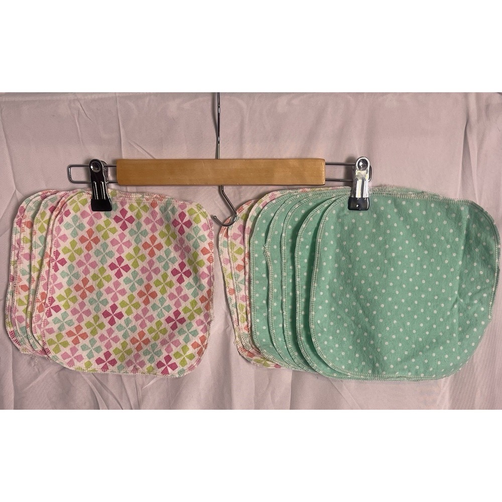 Handmade 1 ply pink  green girls flannel baby wipes reusable cloth wipes set 13